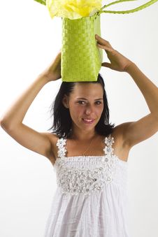 Woman In White Summer Dress With Shopping Bag Stock Photo Woman In White Summer Dress With Shopping Bag Stock Photo