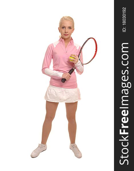 A blond pretty  teenager with a tennis racket and short light ping skirt,
for white background. A blond pretty  teenager with a tennis racket and short light ping skirt,
for white background.