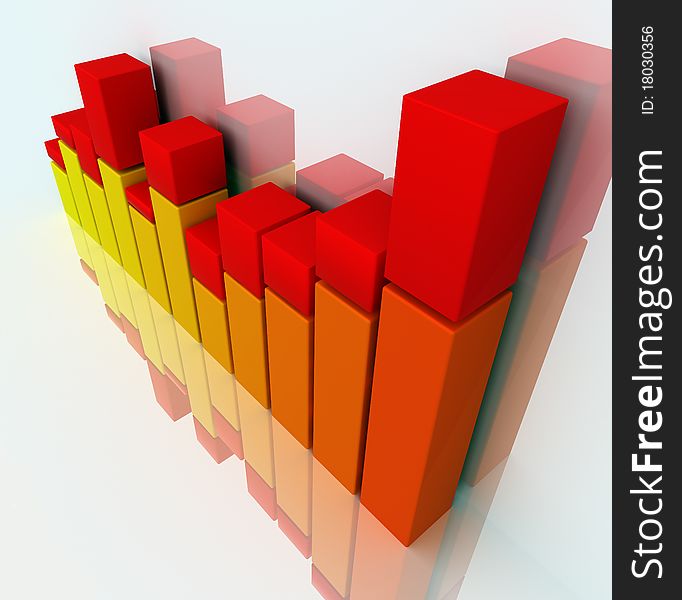 3D bar chart graph moving up on white. 3D bar chart graph moving up on white