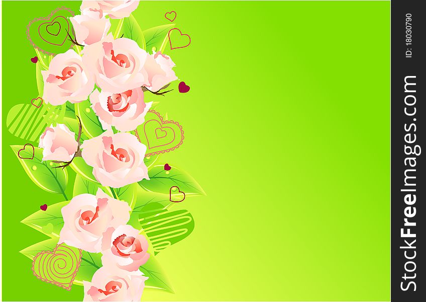 Horizontal spring background with roses and leaves. Horizontal spring background with roses and leaves