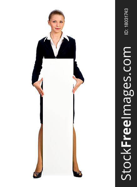 Businesswoman giving big card on white. Businesswoman giving big card on white.