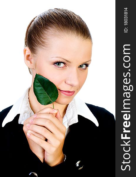 Beautiful Girl With A Small, Green Leaf. Isolated