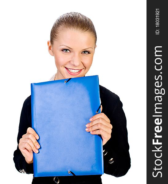 Portrait of smiling businesswoman with blue folder. Portrait of smiling businesswoman with blue folder