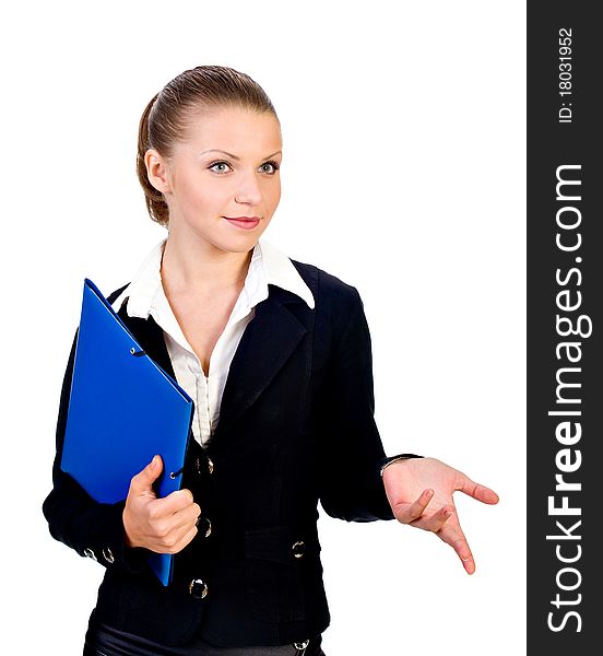 Businesswoman with blue folder. isolated