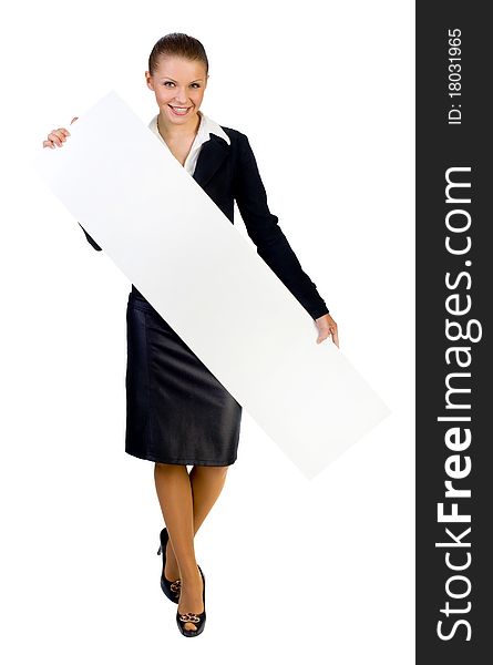 Businesswoman giving big card on white. Businesswoman giving big card on white.