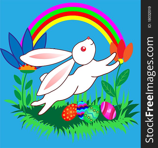 Easter cute cartoon Bunnyes with eggs on cartoon landscape with rainbow. Easter cute cartoon Bunnyes with eggs on cartoon landscape with rainbow.