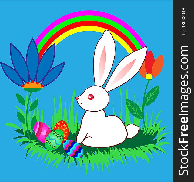 Easter cute cartoon Bunnyes with eggs on cartoon landscape with rainbow. Easter cute cartoon Bunnyes with eggs on cartoon landscape with rainbow.