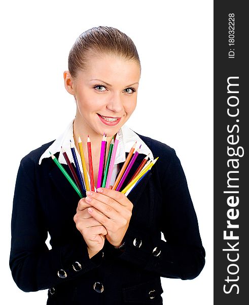 Businesswomen With Colorful Pencil.  Isolated