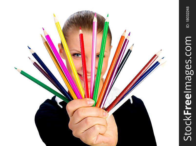 Businesswomen With Colorful Pencil.  Isolated