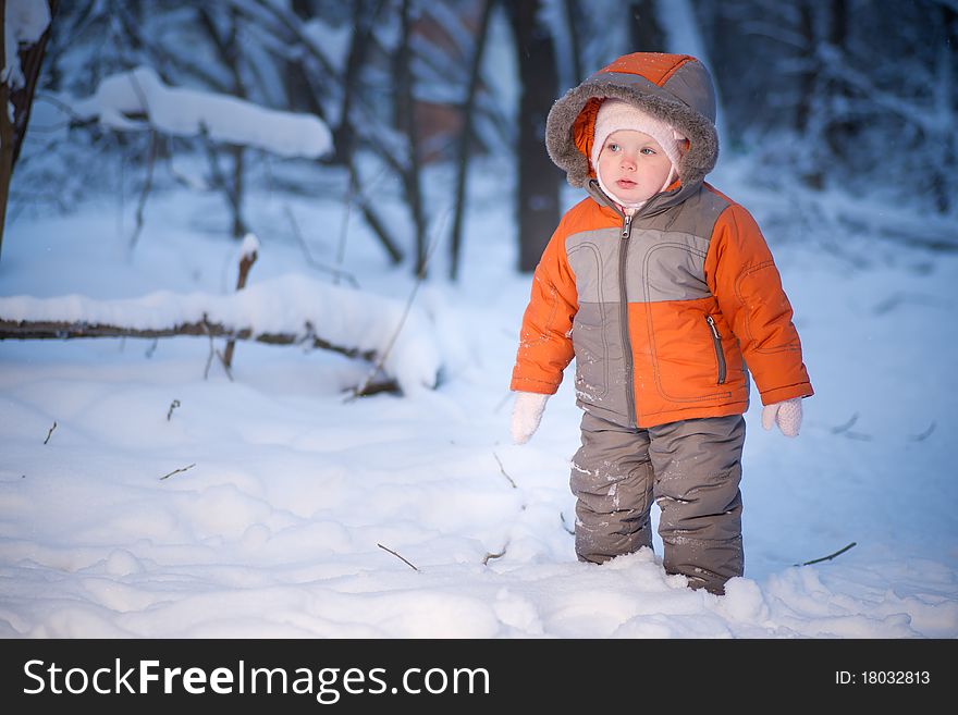 Adorable baby walking in evening park. Stay and look side