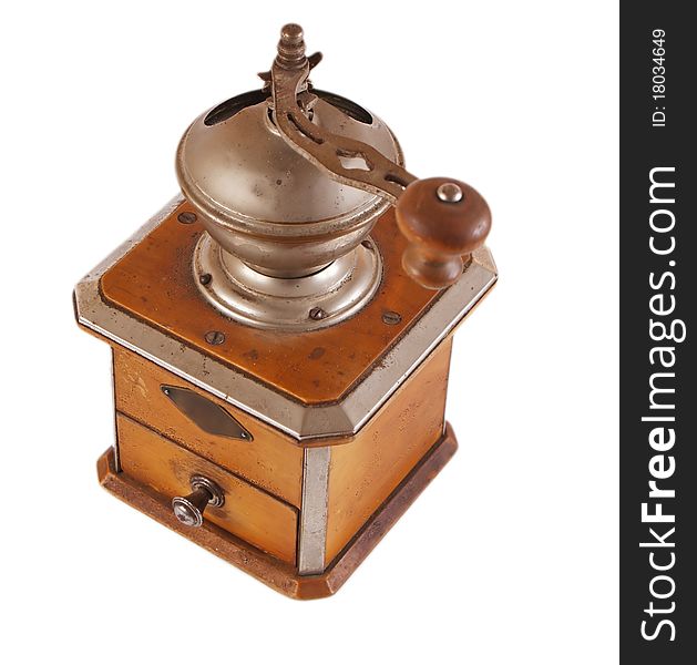 Old coffee grinder on a white background.