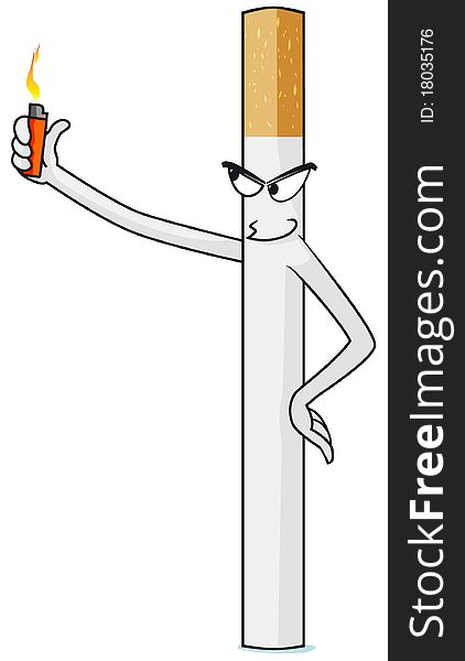 A ironic cigarette with a lighter in his hand on white background, this picture could be used for advertising campaign against tobacco or for to alert to risk smoke cigarette. A ironic cigarette with a lighter in his hand on white background, this picture could be used for advertising campaign against tobacco or for to alert to risk smoke cigarette