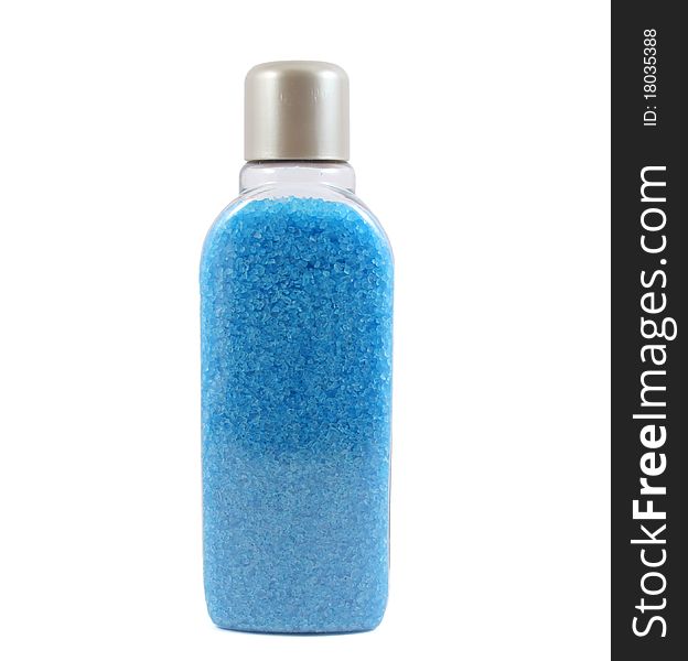 Bottle with salt for baths on white background. Bottle with salt for baths on white background
