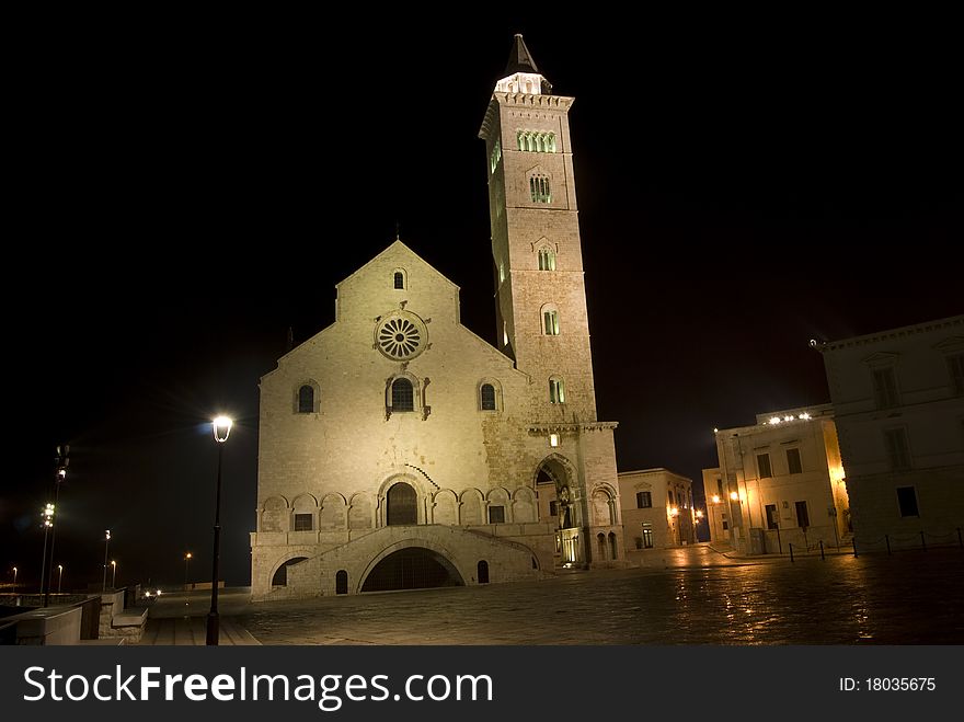 Front of cathedral by night in Trani, Apulia, Italy. Front of cathedral by night in Trani, Apulia, Italy