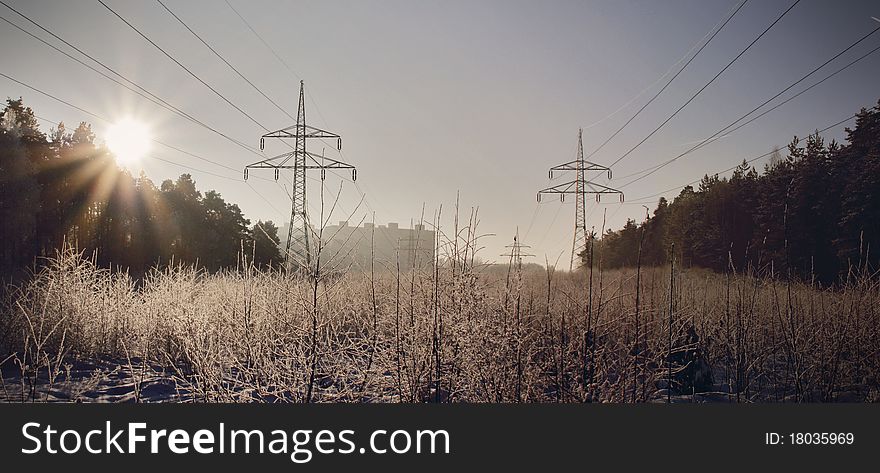 Winter meadow with power lines in the Czech forest