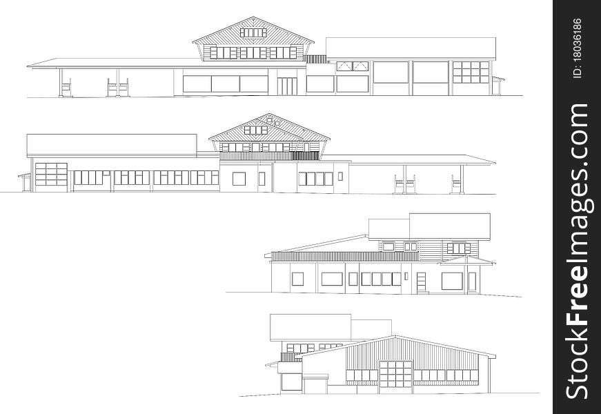 This image represents four facades of an shopping center made in CAD. This image represents four facades of an shopping center made in CAD