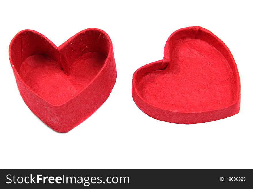 Open red gift in form of heart on white background