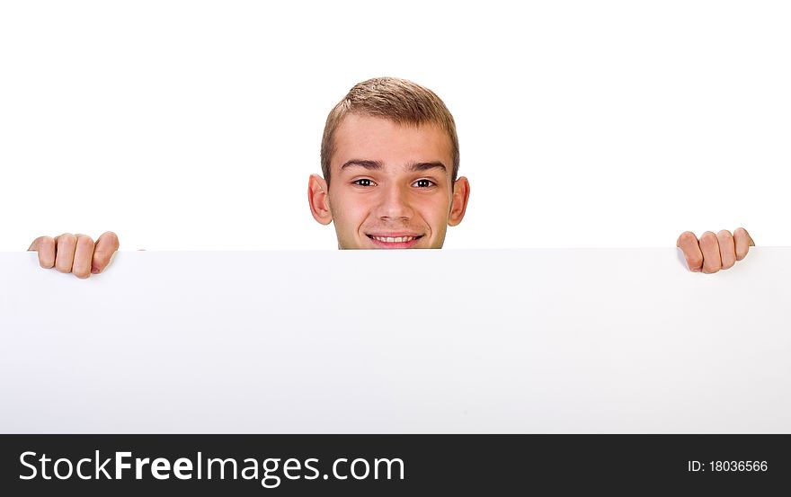 Portrait of a happy male holding blank white card.