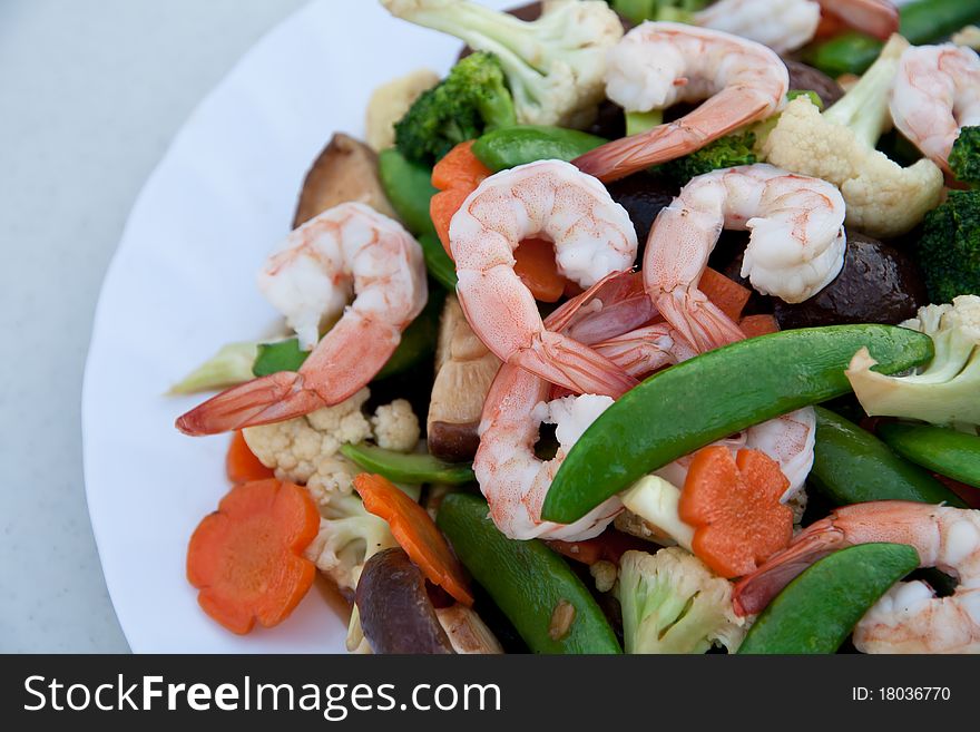 Thai Food Fried Mixed Vegetables With Shrimp