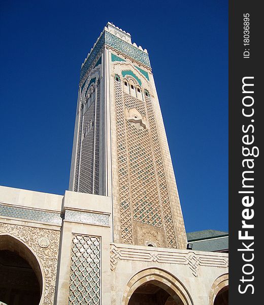 Minaret on Mosque of Hassan II in Casablanca, Morocco