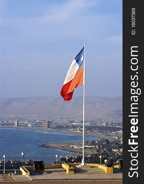 National flag fluttering on top of Morro de Arica. National flag fluttering on top of Morro de Arica