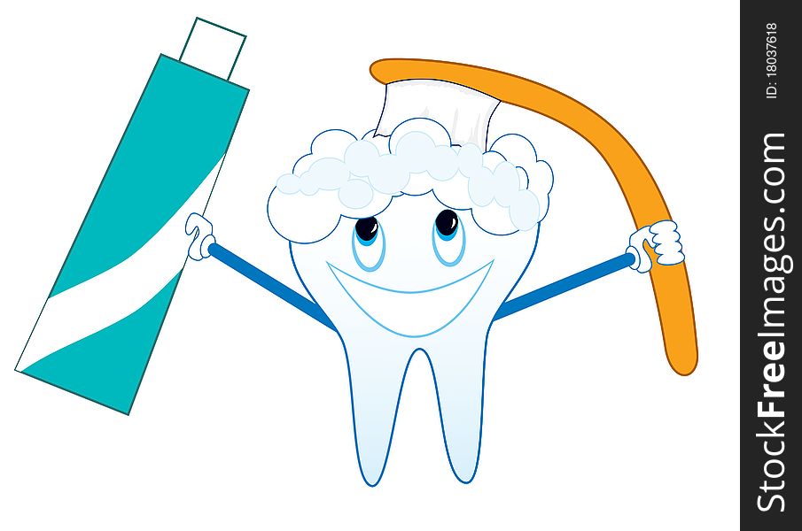 On the picture is cartoon tooth washing with toothbrush and handling a toothpaste. On the picture is cartoon tooth washing with toothbrush and handling a toothpaste