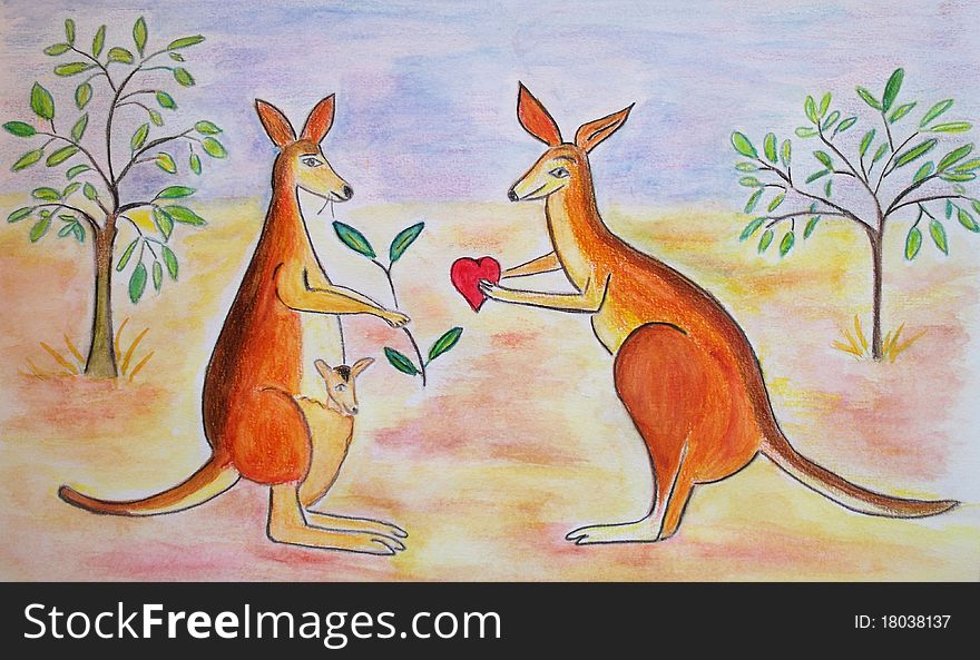 Enjoy my watercolor ! You can see adorable and funny kangaroos, the male, the female and the baby. Enjoy my watercolor ! You can see adorable and funny kangaroos, the male, the female and the baby.