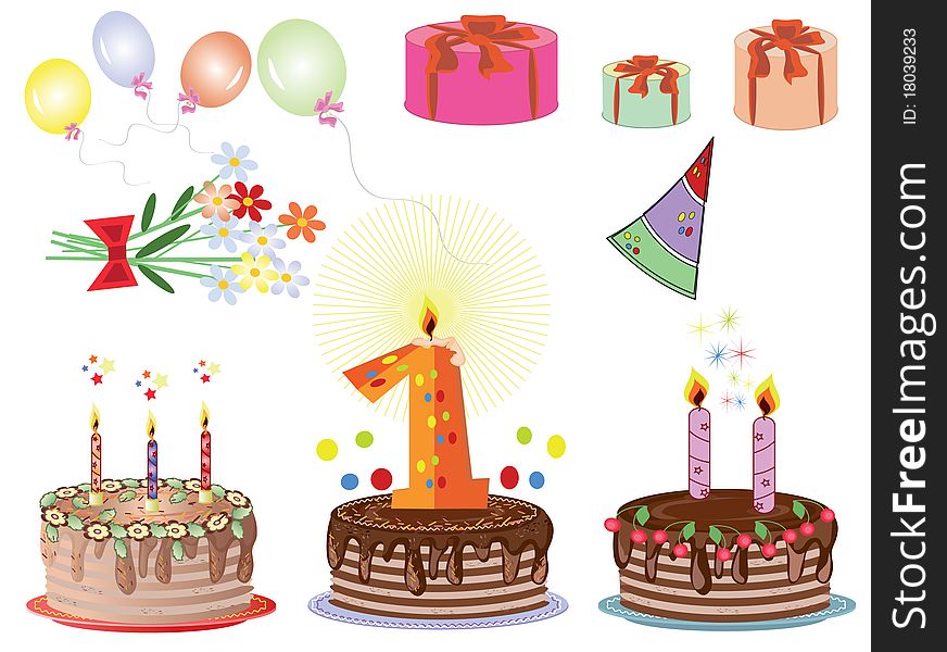 Birthday icon with pies ,gifts balloons and flowers. Birthday icon with pies ,gifts balloons and flowers.