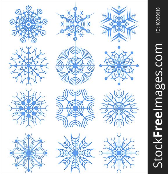 Set of 12 snowflakes over white background