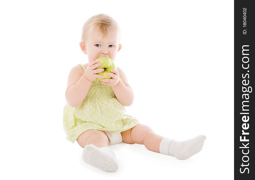 Girl with apple isolated on white