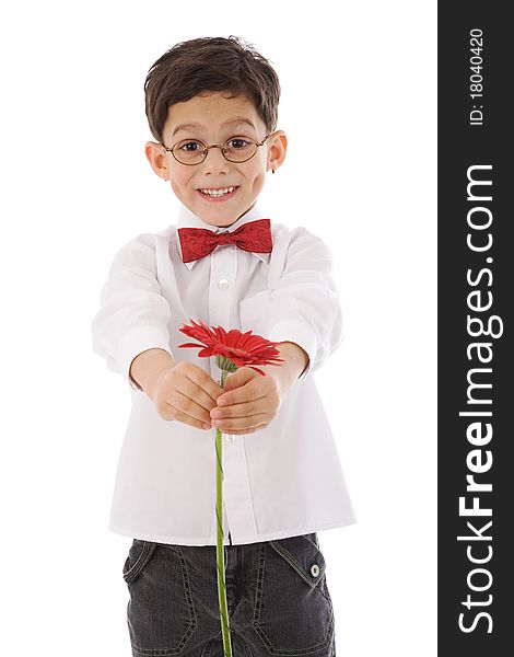 Boy with red flower isolated on white