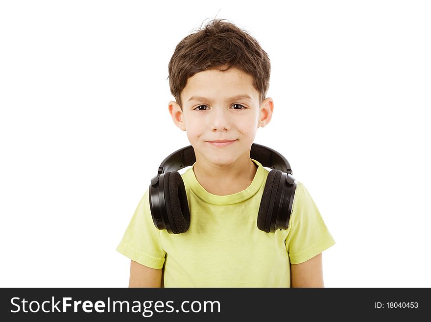 Boy with headphones isolated on white