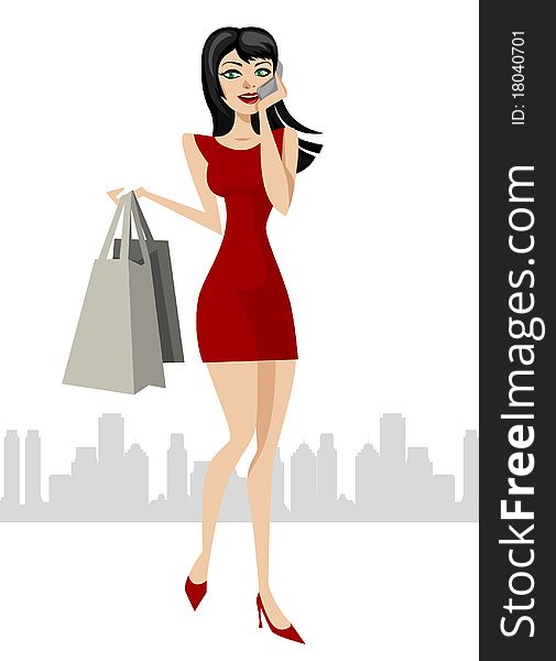 Shopping girl with city silhouette background vector