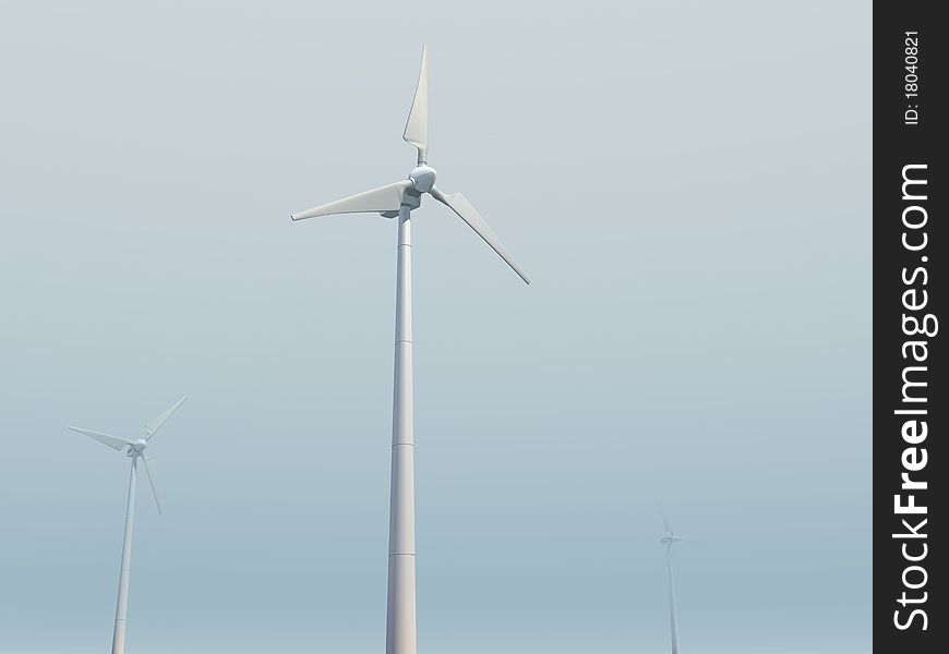 3D-modelled scenery with a wind turbines field landscape, illustrating concepts such as ecology, renewable energies and sustainable development. 3D-modelled scenery with a wind turbines field landscape, illustrating concepts such as ecology, renewable energies and sustainable development