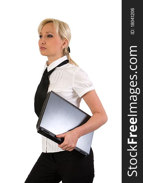 Blonde girl with a laptop isolated on a white background. Blonde girl with a laptop isolated on a white background.