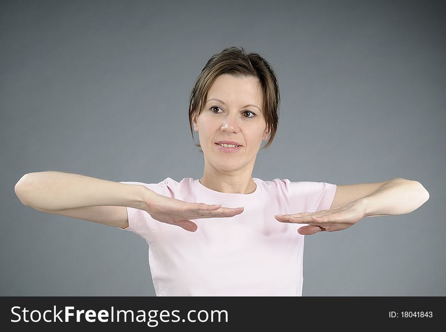 Happy white woman learning aerobic exercises. Happy white woman learning aerobic exercises