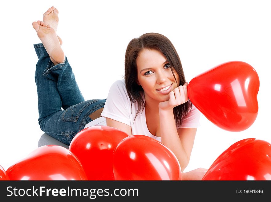 Young Brunette With Red Hearts Isolated