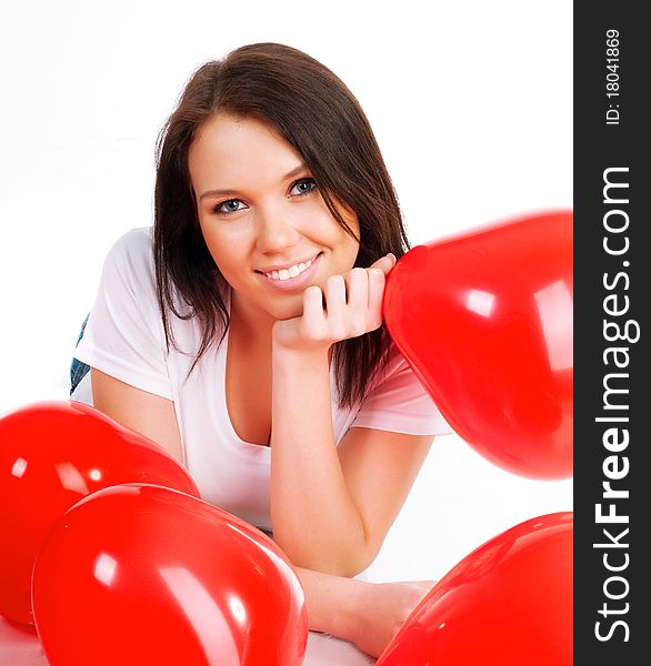 Young Brunette With Red Hearts Isolated