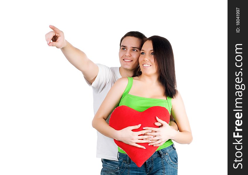 Couple with a red heart on white background