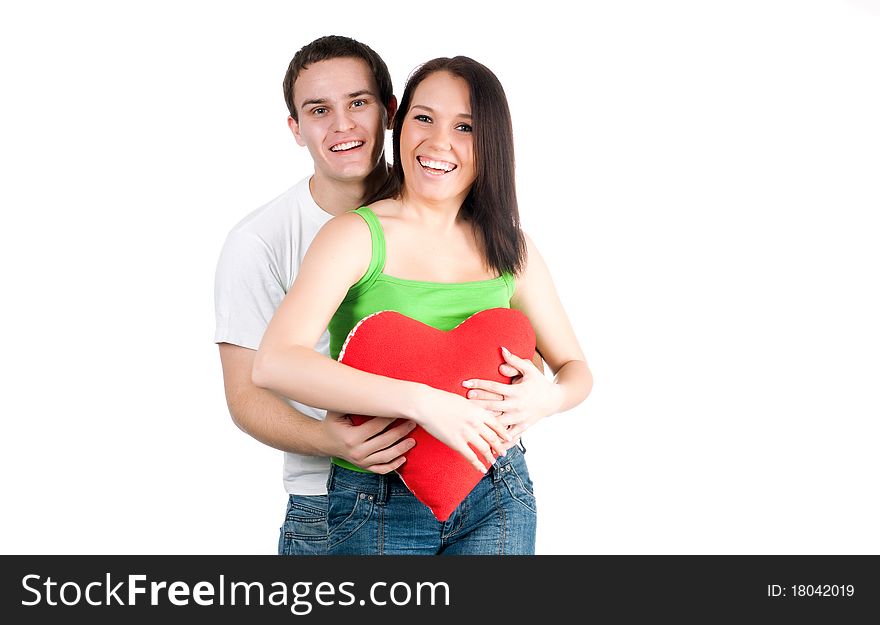 Couple with a red heart on white background