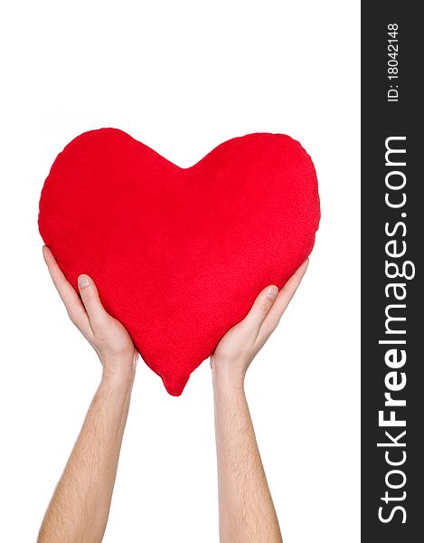 Red heart in the hands of a white background