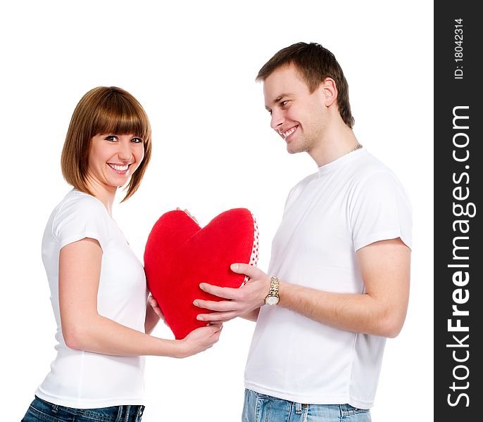 Couple with a red heart on white background