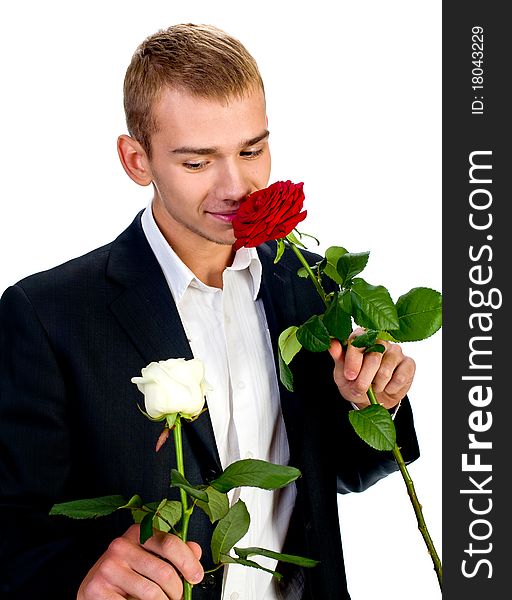 Young Man With Rose isolated on white