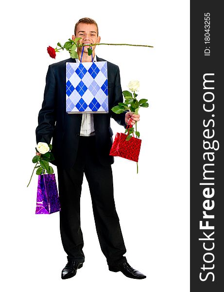 Young Man With Rose and shopping bag isolated on white