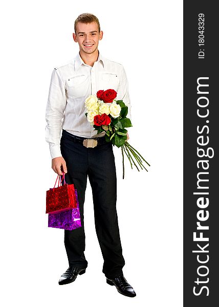 Young Man With Rose and shopping bag isolated on white