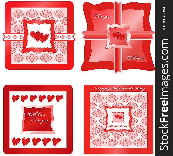 Red hearts and presents on ornamental backgrounds. Red hearts and presents on ornamental backgrounds