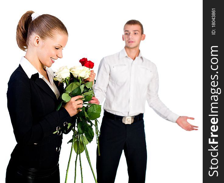 The young man and the woman with flower