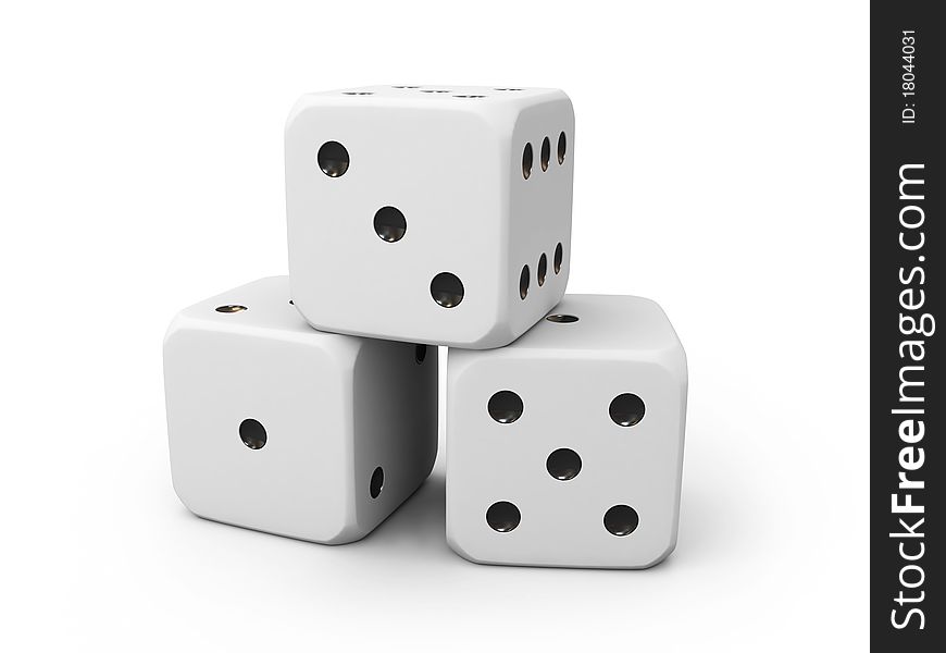 Three white casino dice on white background. Three white casino dice on white background