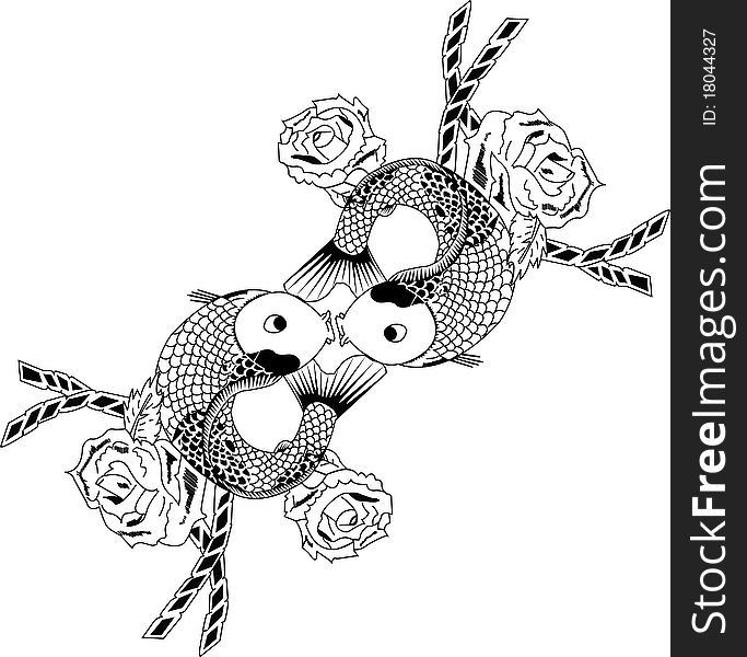 Two koi carps with roses. Illustration in monochrome.