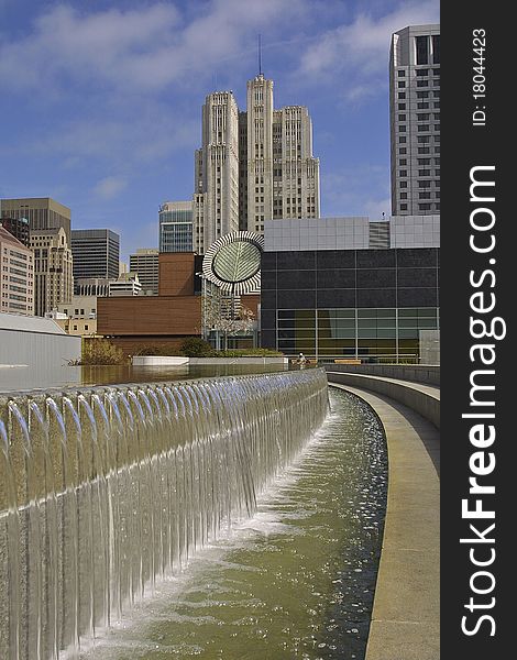 View across fountain in Yerba Buena Park toward San Francisco Museum of Modern Art. View across fountain in Yerba Buena Park toward San Francisco Museum of Modern Art